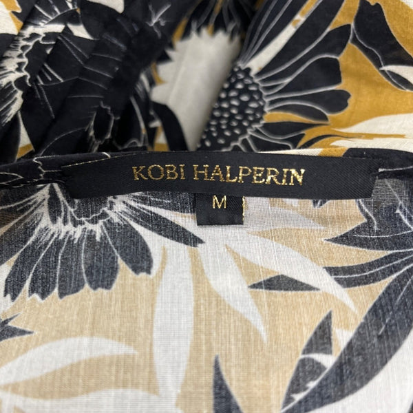 Kobi Halperin Black & Yellow Floral Print Blouse With Bell Sleeves Womens Size M