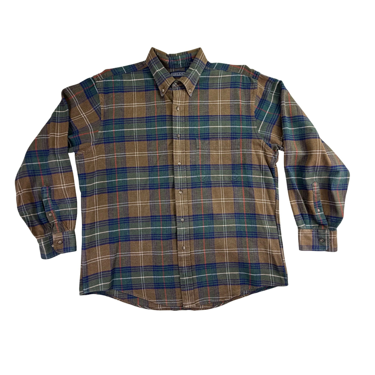 Lands End Mens Green/Brown Cotton Plaid Shirt Button-Up Long Sleeve Sz L