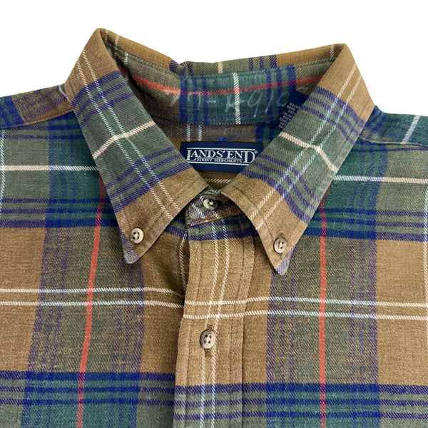 Lands End Mens Green/Brown Cotton Plaid Shirt Button-Up Long Sleeve Sz L