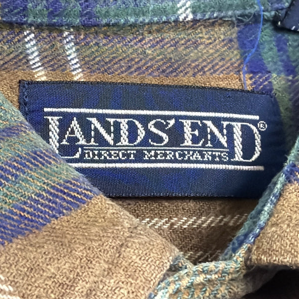 Lands End Mens Green/Brown Cotton Plaid Shirt Button-Up Long Sleeve Sz L