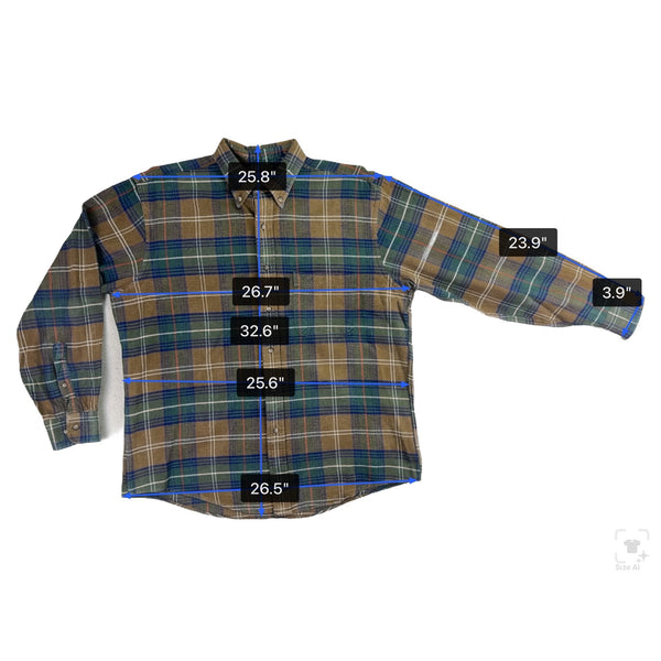 Lands End Mens Green/Brown Cotton Plaid Shirt Button-Up Long Sleeve Sz L