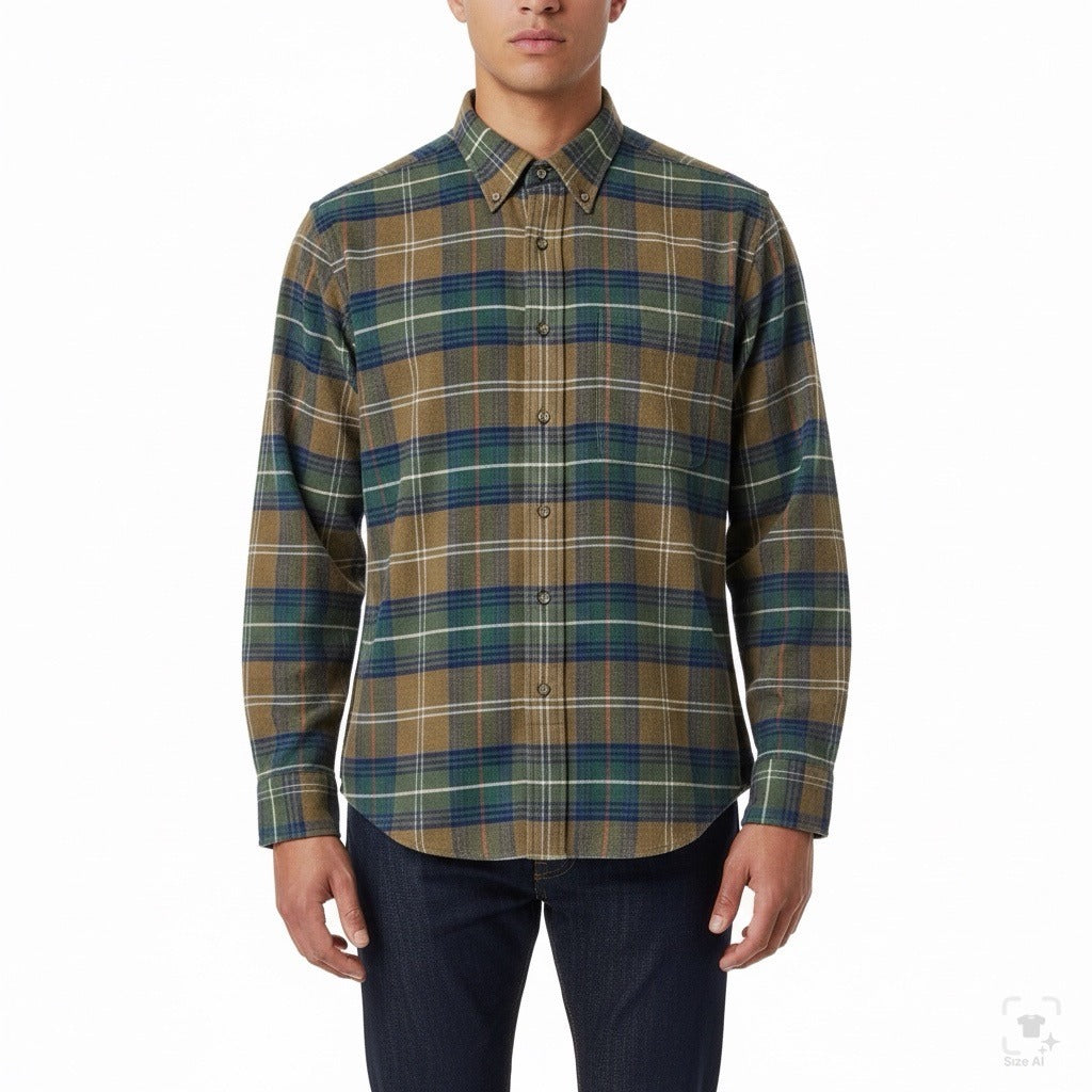 Lands End Mens Green/Brown Cotton Plaid Shirt Button-Up Long Sleeve Sz L