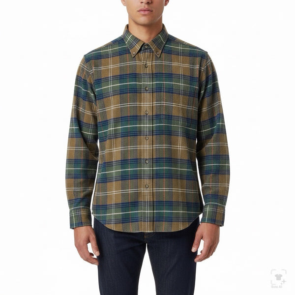 Lands End Mens Green/Brown Cotton Plaid Shirt Button-Up Long Sleeve Sz L