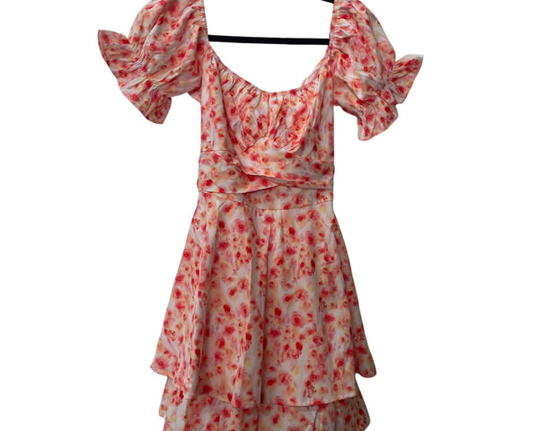 Floral Print Puff Sleeve Layered Dress White/Red Bow-Tie S