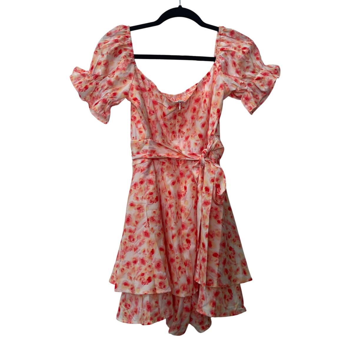 Floral Print Puff Sleeve Layered Dress White/Red Bow-Tie S