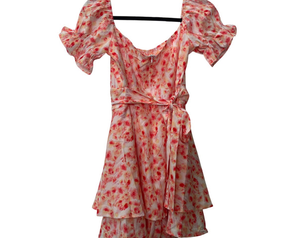 Floral Print Puff Sleeve Layered Dress White/Red Bow-Tie S