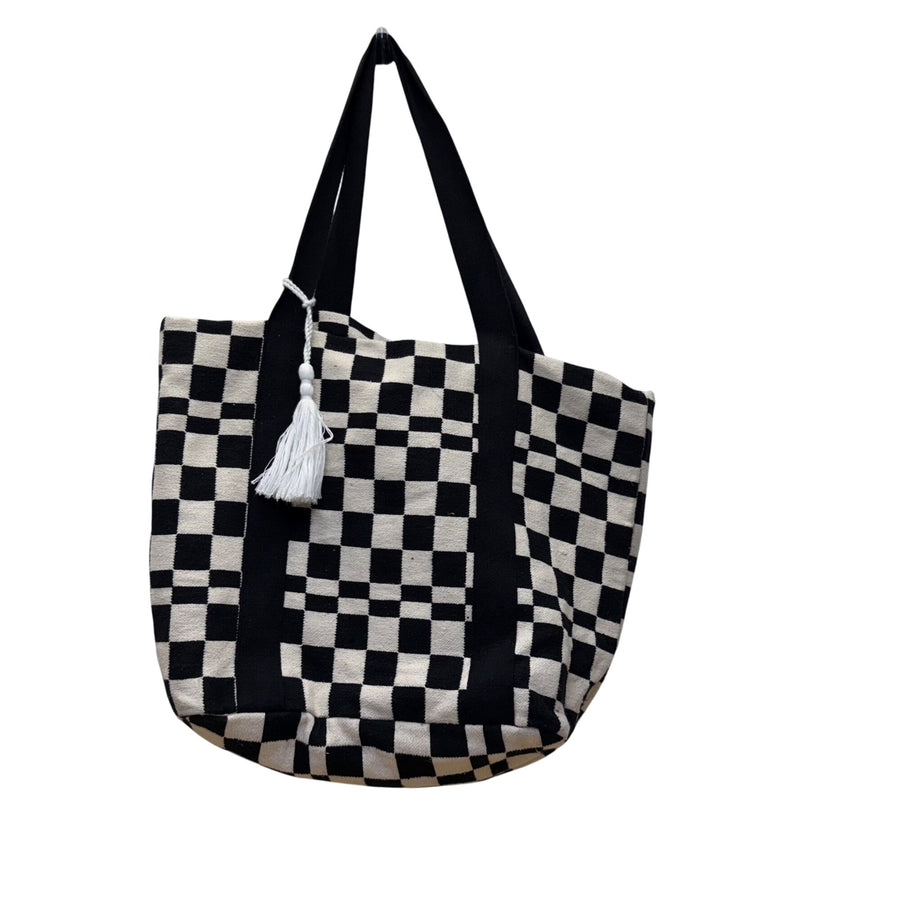 Nalini Women’s Black White Checkered Cotton Tote Bag With Top Handles OS