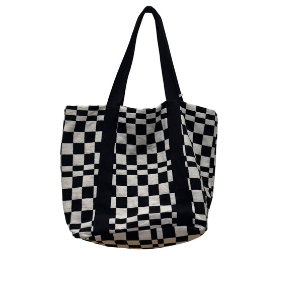 Nalini Women’s Black White Checkered Cotton Tote Bag With Top Handles OS