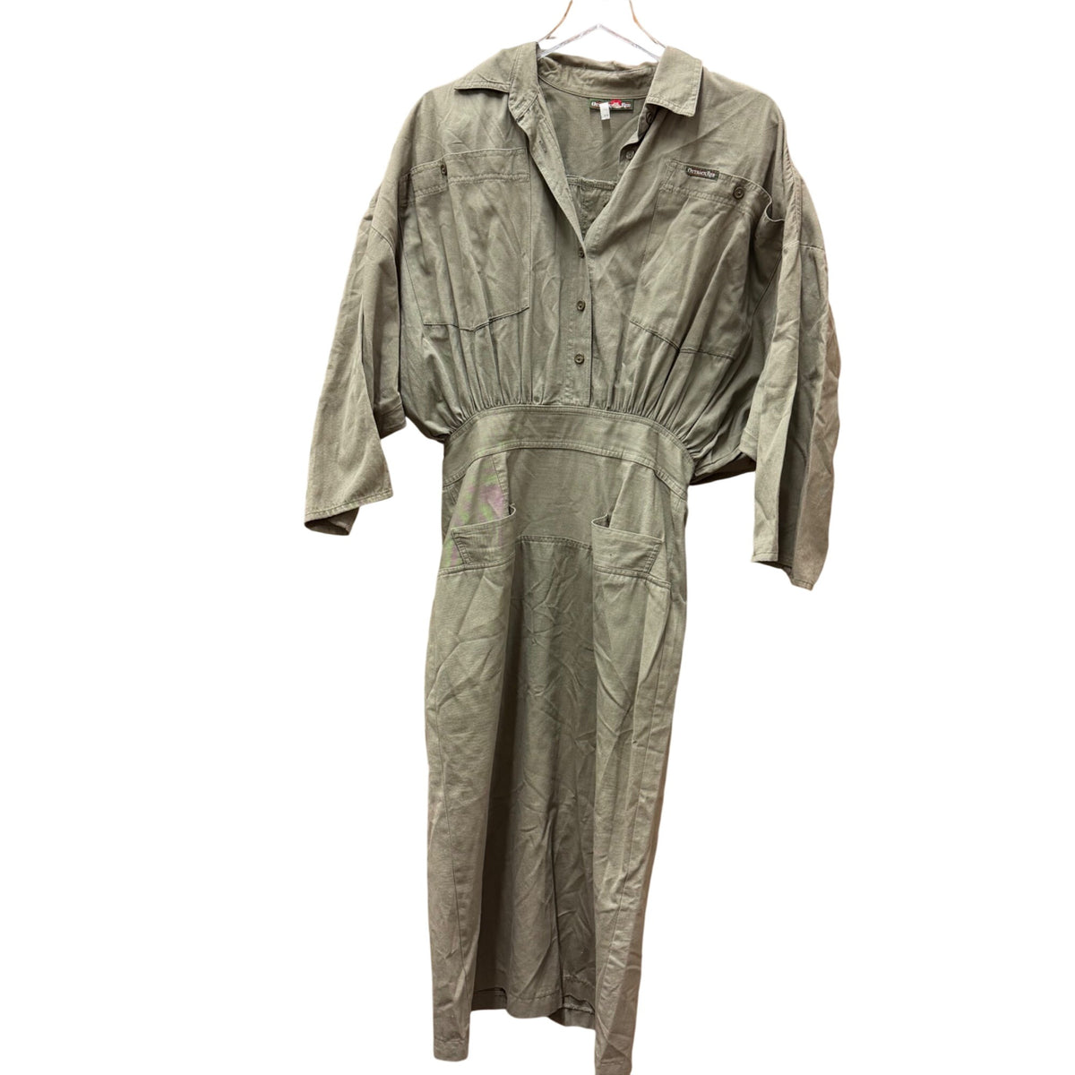 Outback Red Womens Olive Green Cotton Jumpsuit Utility Style Button Front Long-Sleeve OS