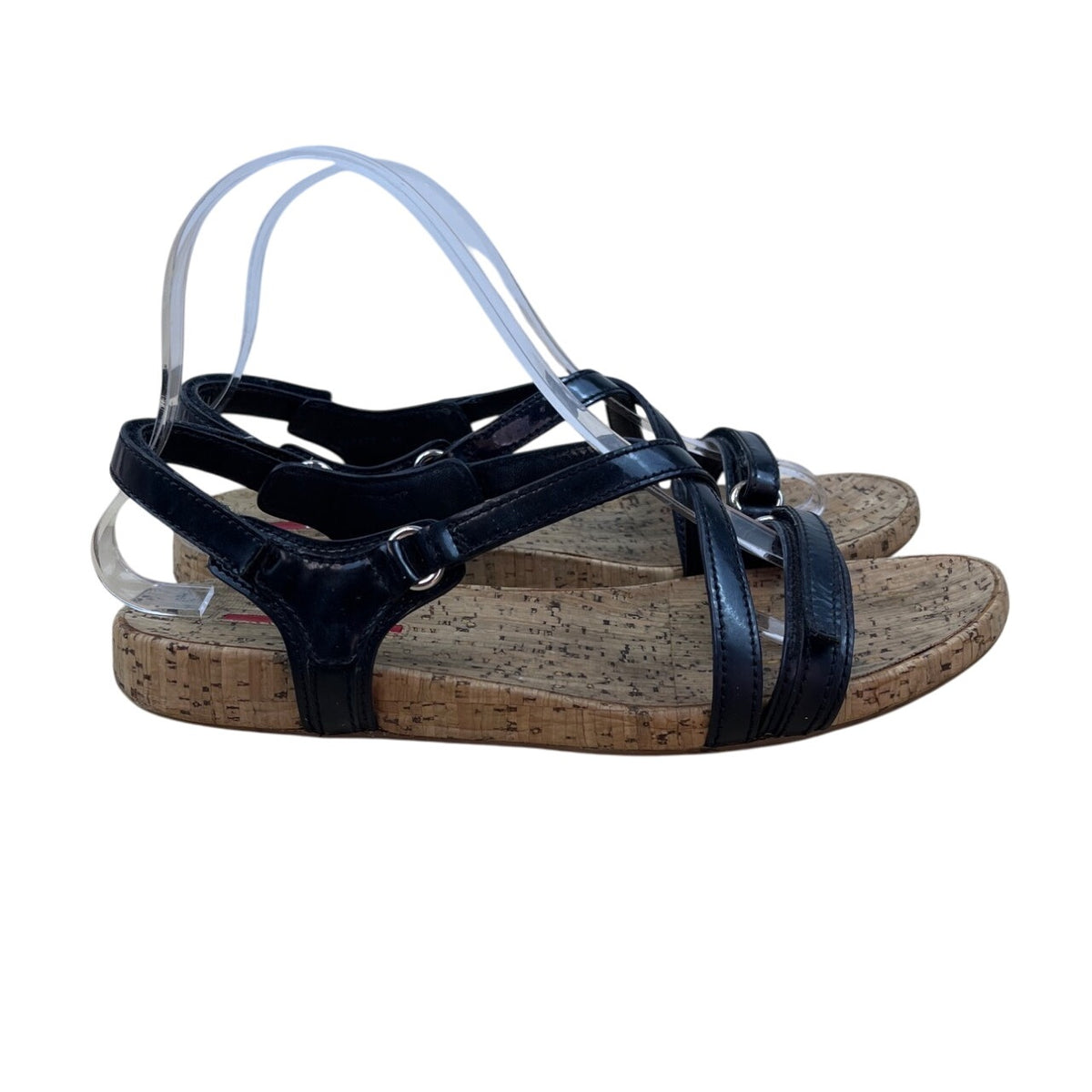 Prada Sport Black Patent Leather & Cork Sole Slingback Sandals Women's Sz 38
