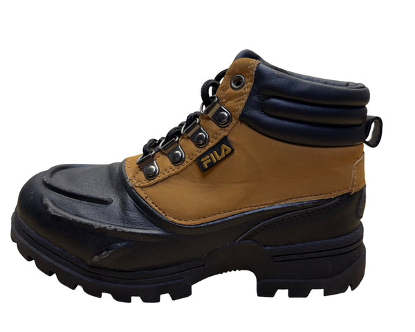 Fila Kids Black & Brown Leather Hiking Boots Size 2 Durable Outdoor Footwear Lace-Up