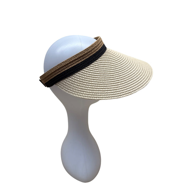 Women's Straw & Polyester Wide Brim Visor Hat With Adjustable Black Band