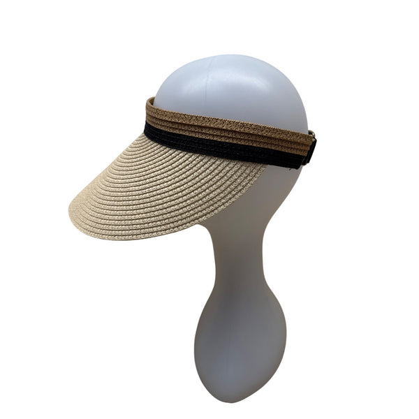 Women's Straw & Polyester Wide Brim Visor Hat With Adjustable Black Band