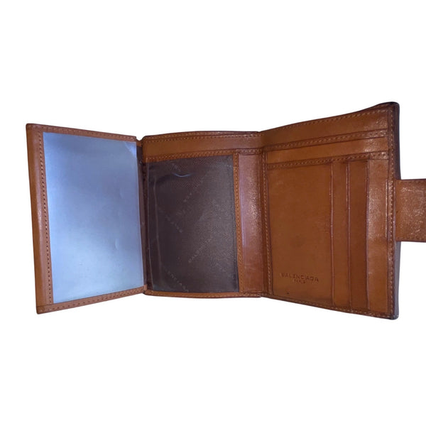 Balenciaga Unisex Brown Leather Embossed Logo Bi-Fold Compact Wallet