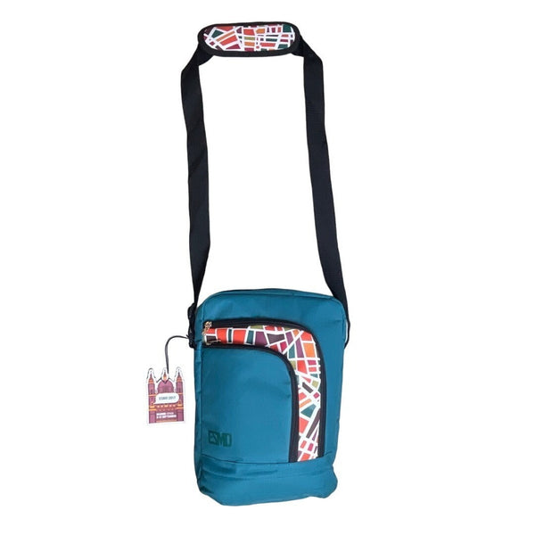 Esmo Women's Aqua Blue Multicolor Tiles Graph Tablet Crossbody Bag Sz M - NWT