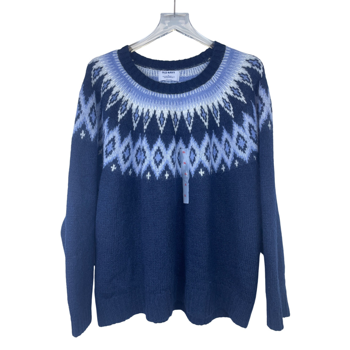 Old Navy Womens Navy Blue Recycled Knit Sweater Nordic Fair Isle Pattern XL Soft Warm