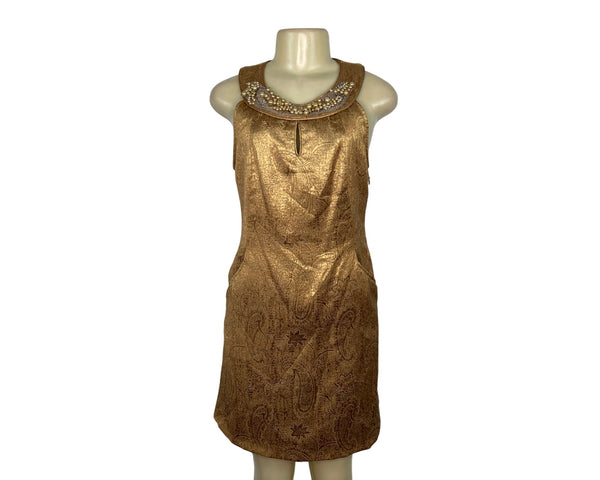 Gold Brocade Sleeveless Dress With Embellished Collar By Alexia Admor Size S