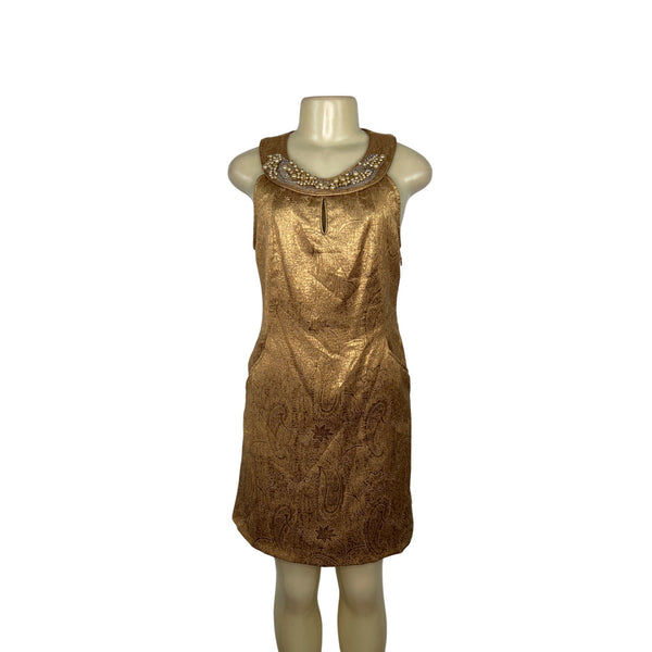 Gold Brocade Sleeveless Dress With Embellished Collar By Alexia Admor Size S