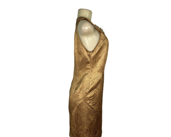 Gold Brocade Sleeveless Dress With Embellished Collar By Alexia Admor Size S