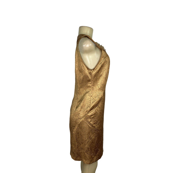 Gold Brocade Sleeveless Dress With Embellished Collar By Alexia Admor Size S
