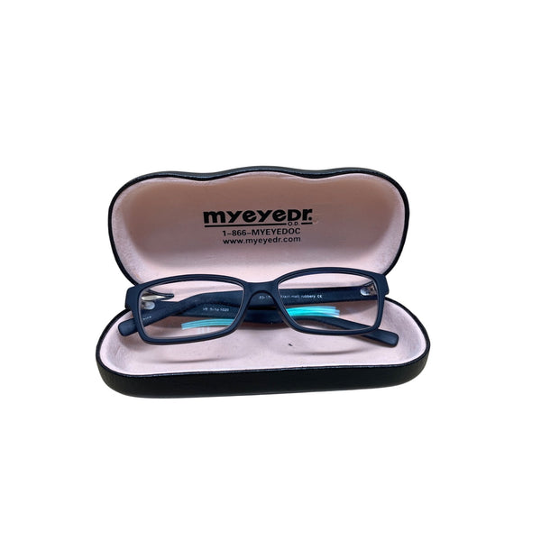 Blue Rectangular Eyeglasses With Hard Case By MyEyeDr O.D. Matte Finish Lightweight Classic Design