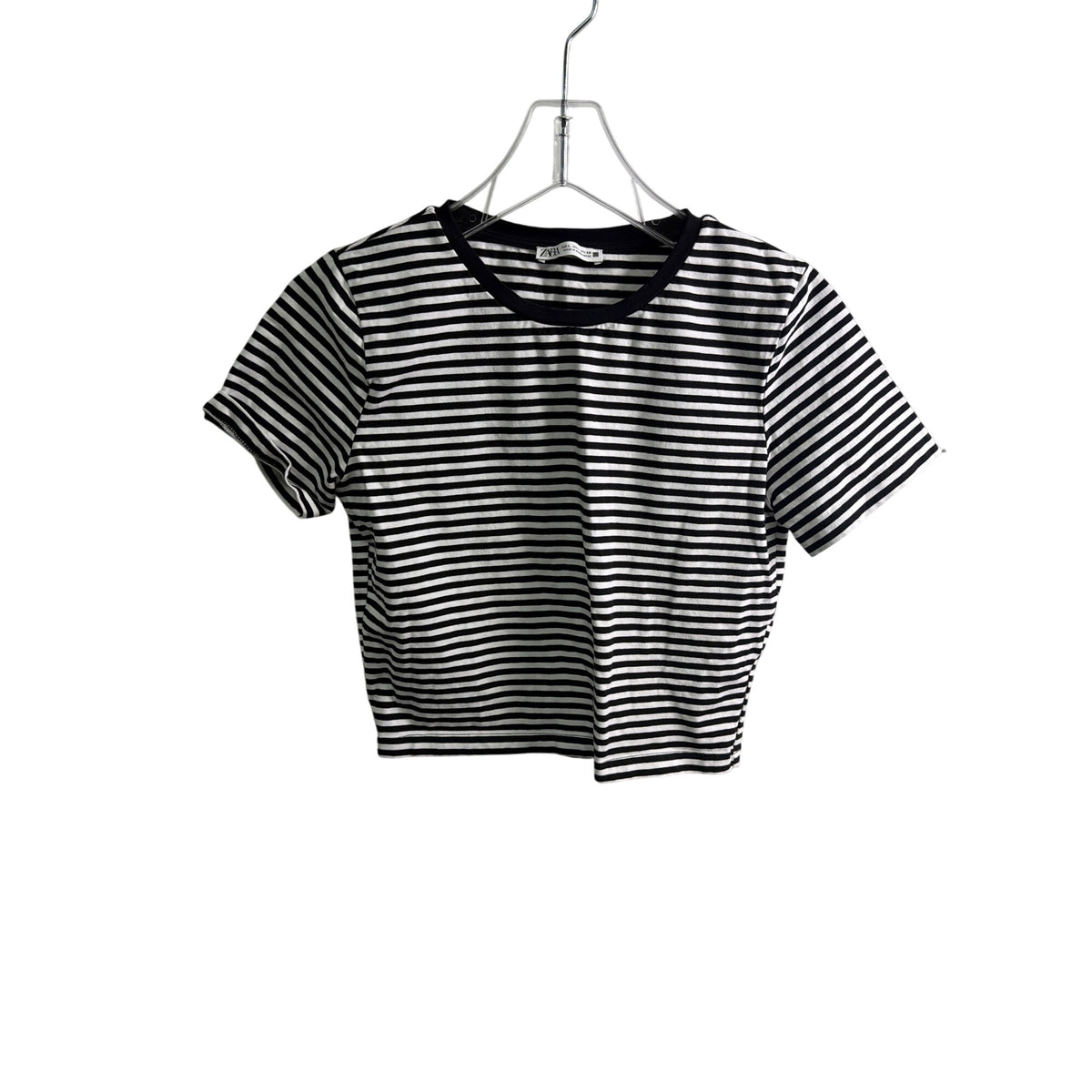 Zara Womens Black & White Striped Cotton Blend Short Sleeve Cropped Top Size L Zara Womens Black & White Striped Cotton Blend Short Sleeve Cropped Top Size L