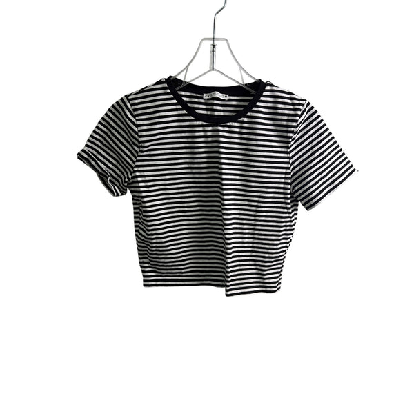 Zara Womens Black & White Striped Cotton Blend Short Sleeve Cropped Top Size L Zara Womens Black & White Striped Cotton Blend Short Sleeve Cropped Top Size L