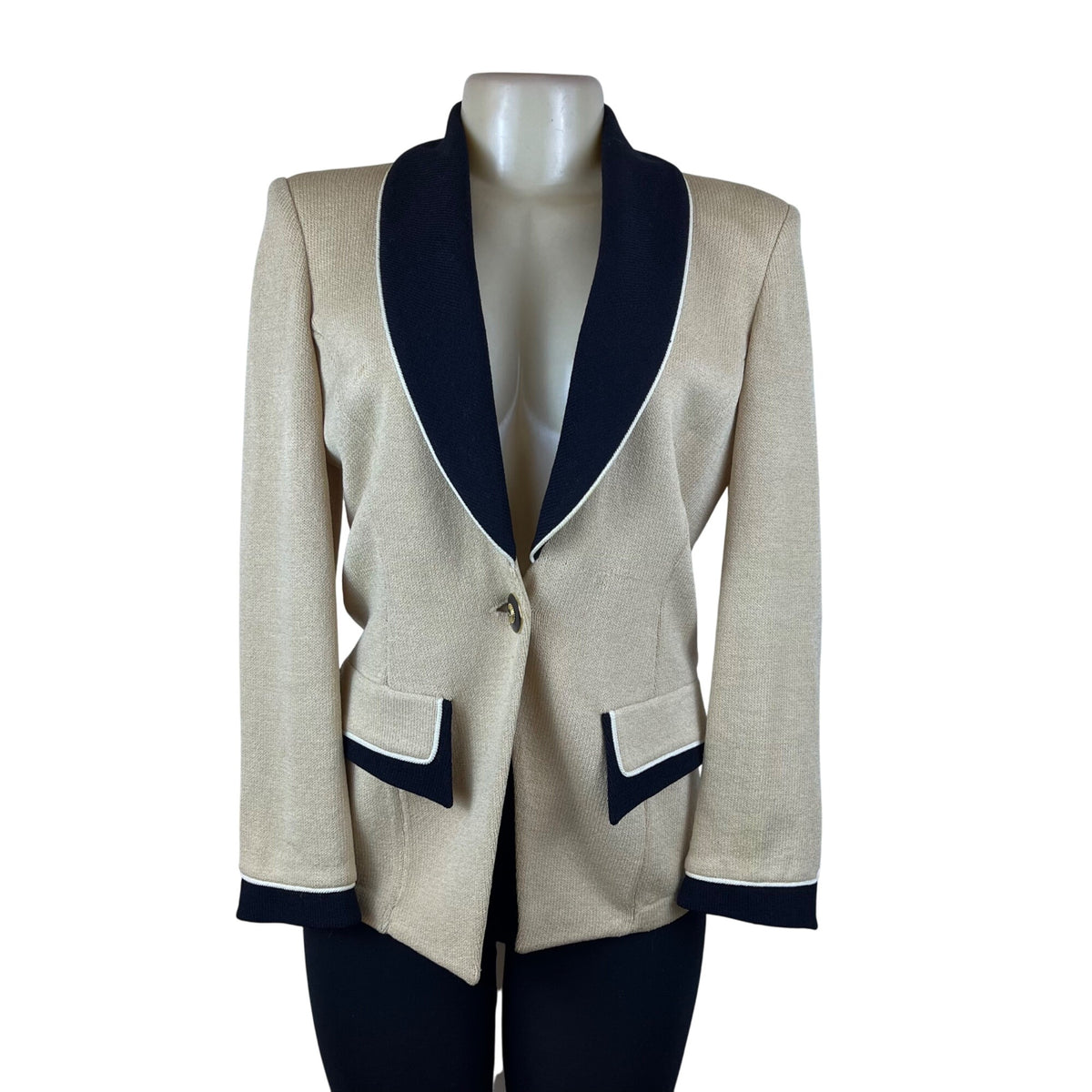 St. John Women's Beige & Black Knit Blazer Jacket Button Front Size 4