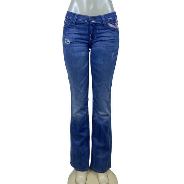 7 For All Mankind Womens Blue Cotton/Elastane Bootcut Jeans Distressed Size 28