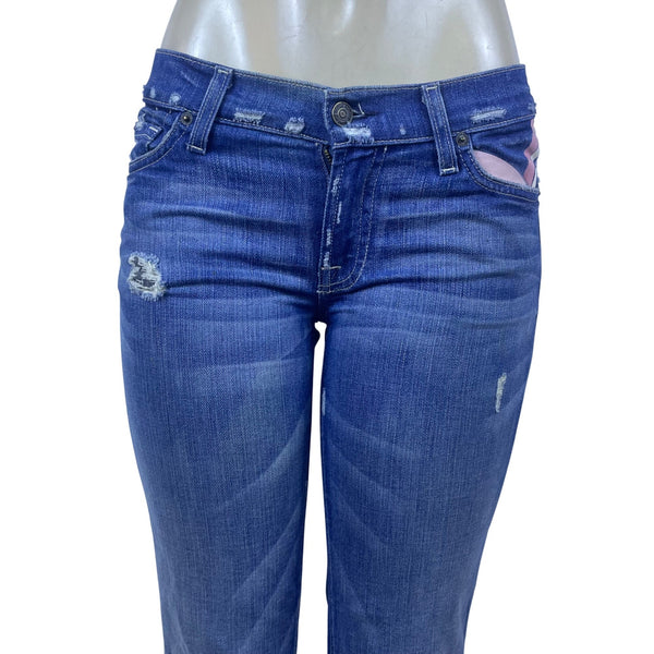 7 For All Mankind Womens Blue Cotton/Elastane Bootcut Jeans Distressed Size 28