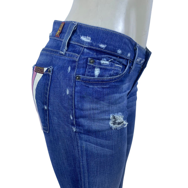 7 For All Mankind Womens Blue Cotton/Elastane Bootcut Jeans Distressed Size 28