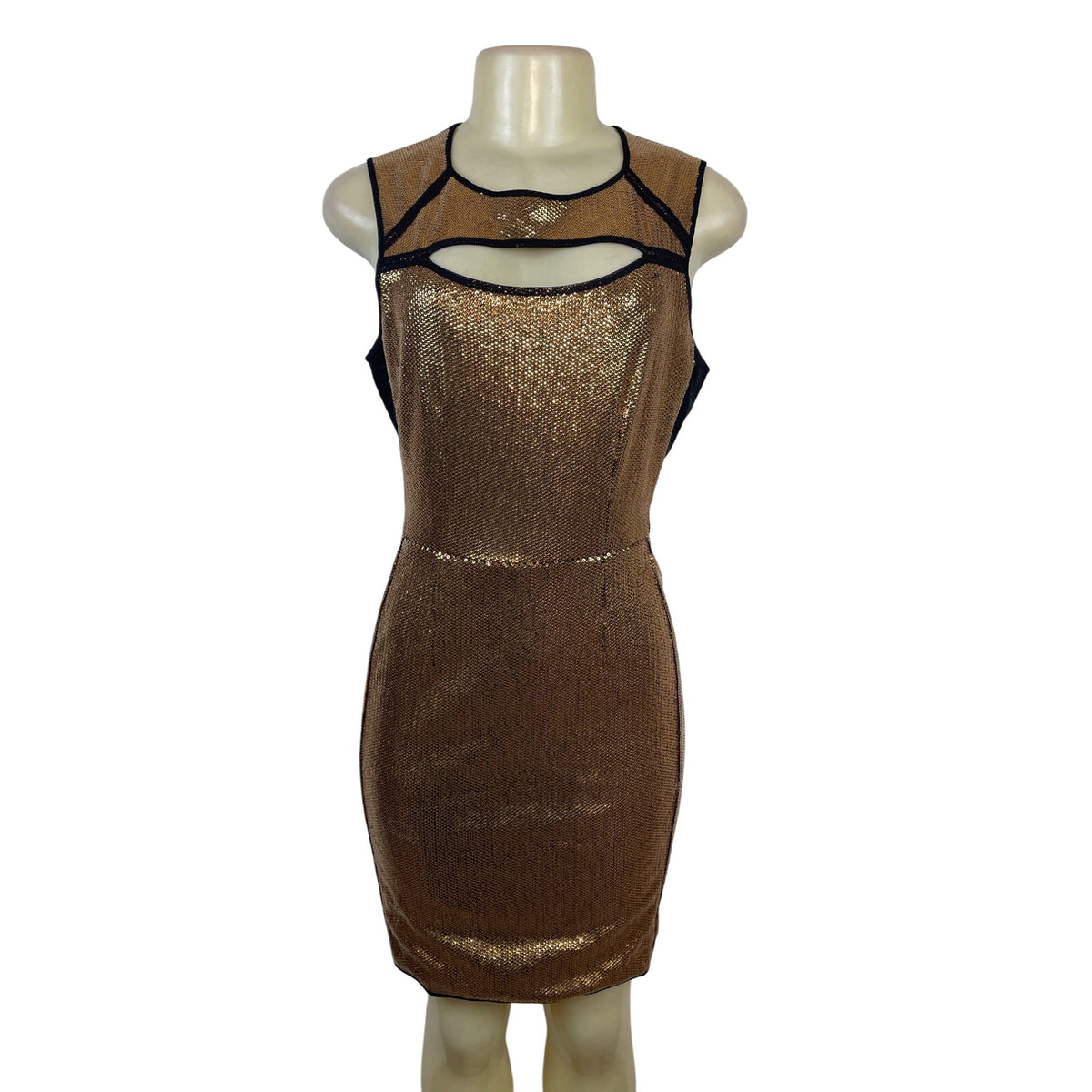 BCBG Maxazria Gold Sequin Bodycon Mini Dress With Black Mesh Cutouts Sz M