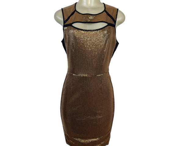 BCBG Maxazria Gold Sequin Bodycon Mini Dress With Black Mesh Cutouts Sz M