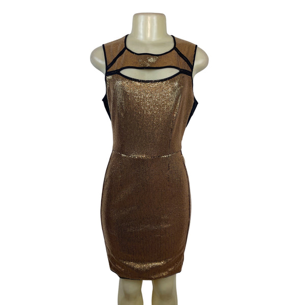BCBG Maxazria Gold Sequin Bodycon Mini Dress With Black Mesh Cutouts Sz M