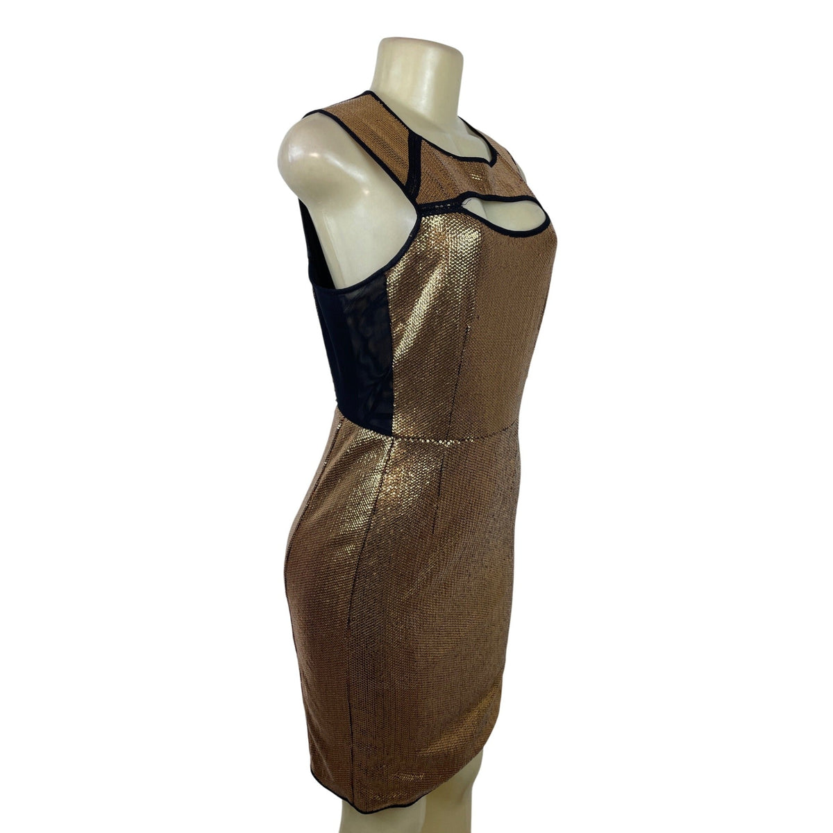 BCBG Maxazria Gold Sequin Bodycon Mini Dress With Black Mesh Cutouts Sz M