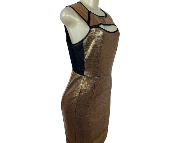 BCBG Maxazria Gold Sequin Bodycon Mini Dress With Black Mesh Cutouts Sz M