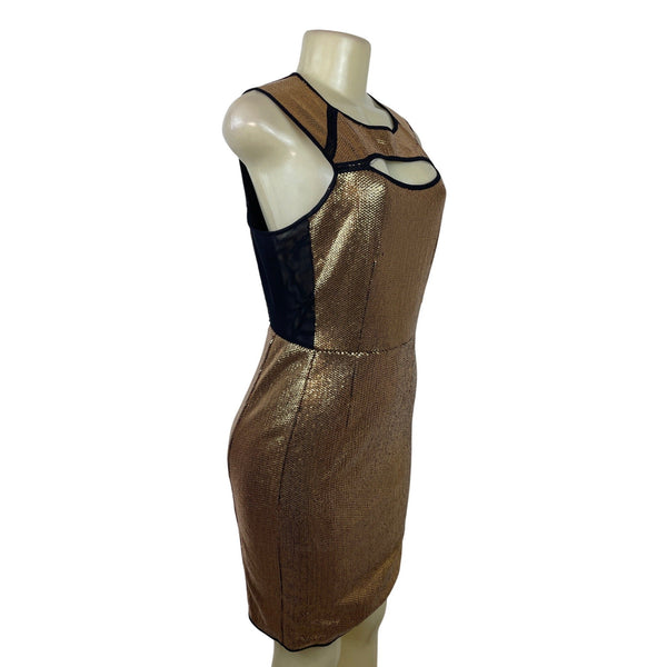 BCBG Maxazria Gold Sequin Bodycon Mini Dress With Black Mesh Cutouts Sz M