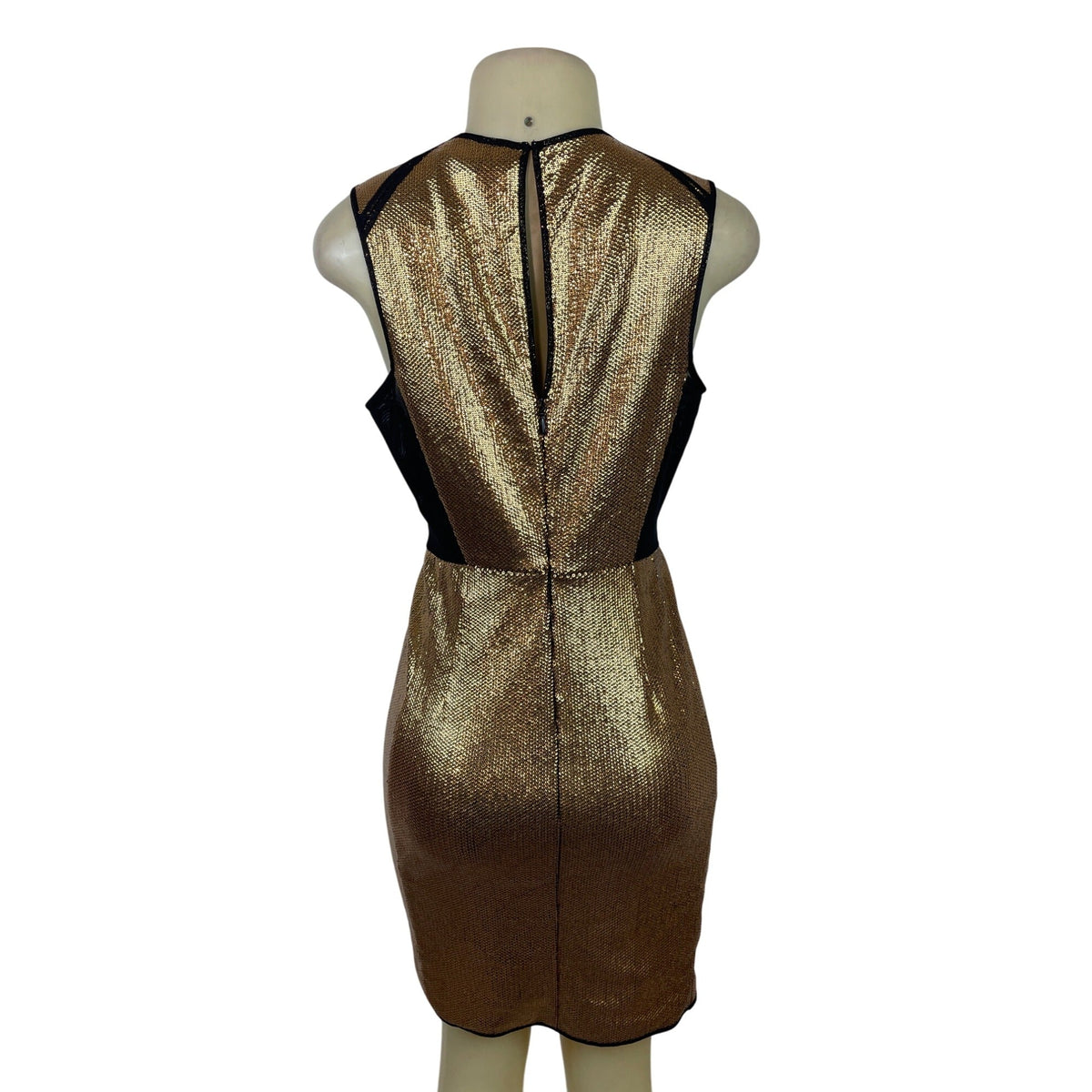 BCBG Maxazria Gold Sequin Bodycon Mini Dress With Black Mesh Cutouts Sz M