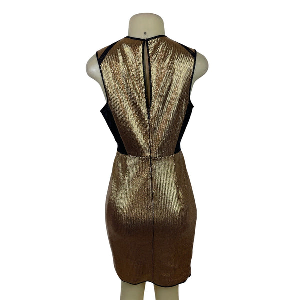 BCBG Maxazria Gold Sequin Bodycon Mini Dress With Black Mesh Cutouts Sz M
