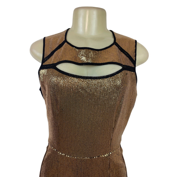 BCBG Maxazria Gold Sequin Bodycon Mini Dress With Black Mesh Cutouts Sz M