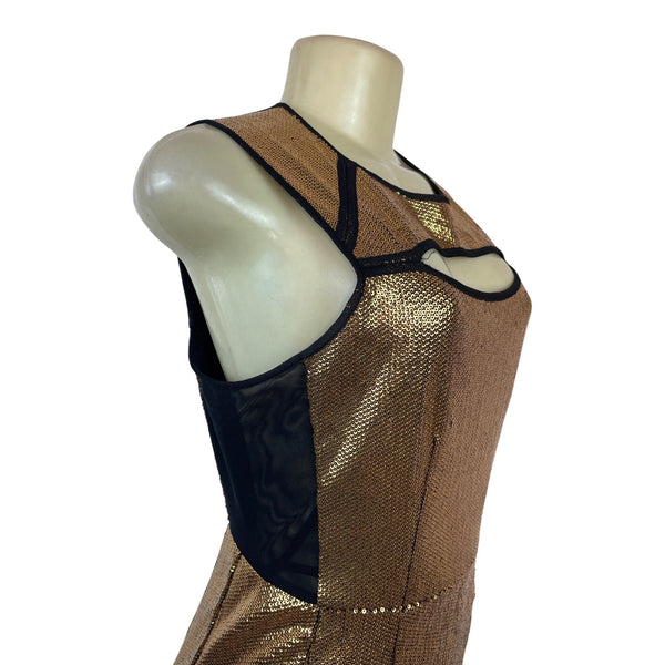 BCBG Maxazria Gold Sequin Bodycon Mini Dress With Black Mesh Cutouts Sz M