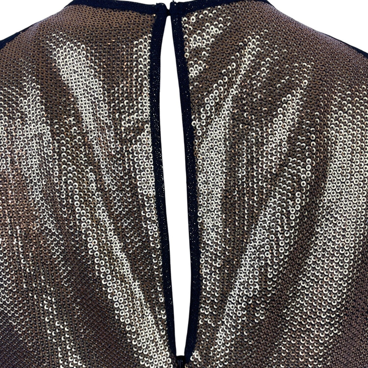 BCBG Maxazria Gold Sequin Bodycon Mini Dress With Black Mesh Cutouts Sz M