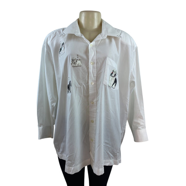 Mili Designs White Button-Up Shirt W/ Embroidered Dogs & Rhinestone Collar Sz 18