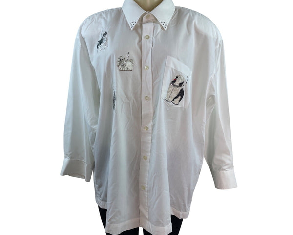 Mili Designs White Button-Up Shirt W/ Embroidered Dogs & Rhinestone Collar Sz 18