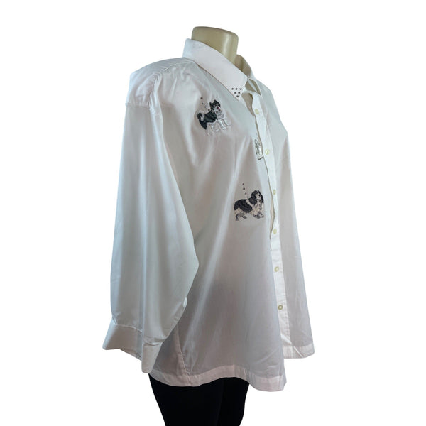 Mili Designs White Button-Up Shirt W/ Embroidered Dogs & Rhinestone Collar Sz 18