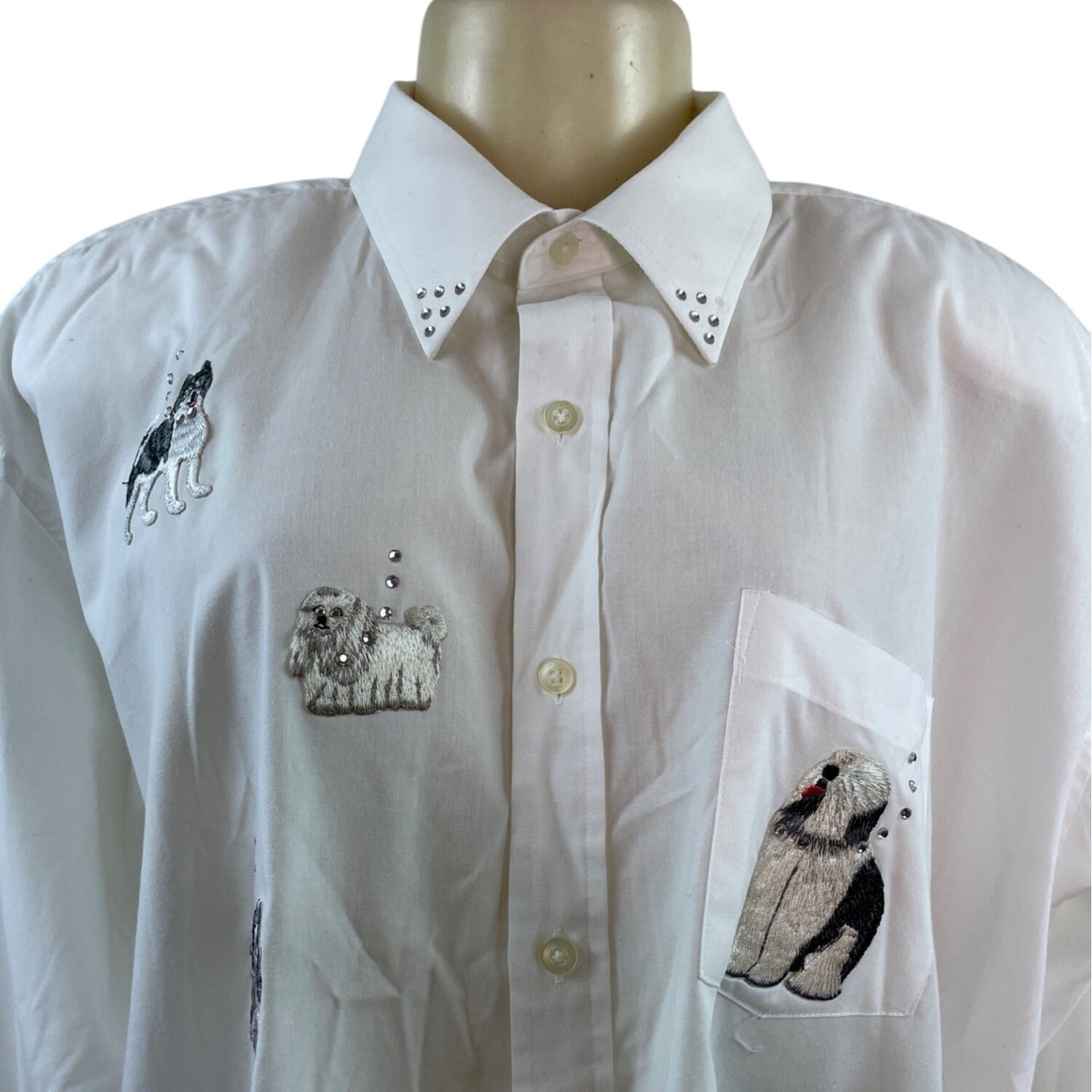 Mili Designs White Button-Up Shirt W/ Embroidered Dogs & Rhinestone Collar Sz 18