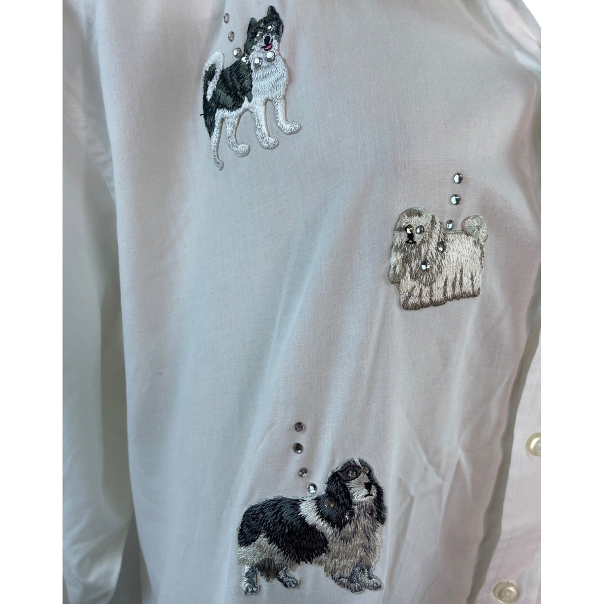 Mili Designs White Button-Up Shirt W/ Embroidered Dogs & Rhinestone Collar Sz 18