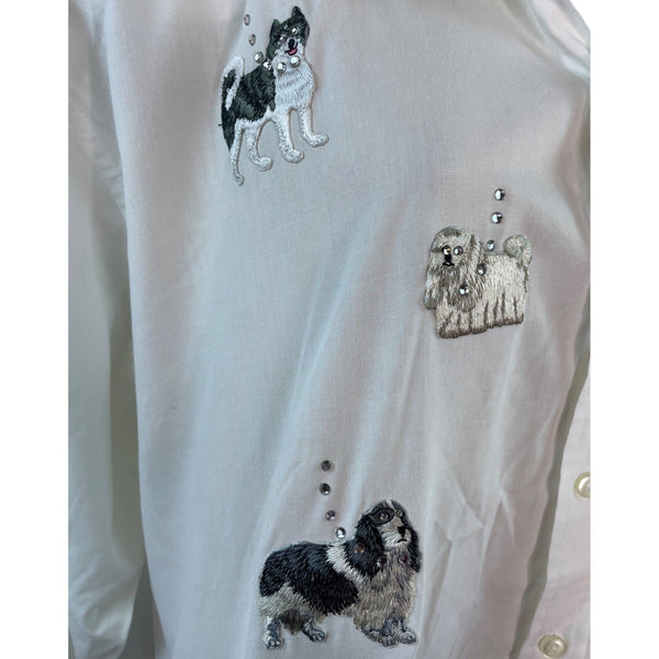 Mili Designs White Button-Up Shirt W/ Embroidered Dogs & Rhinestone Collar Sz 18