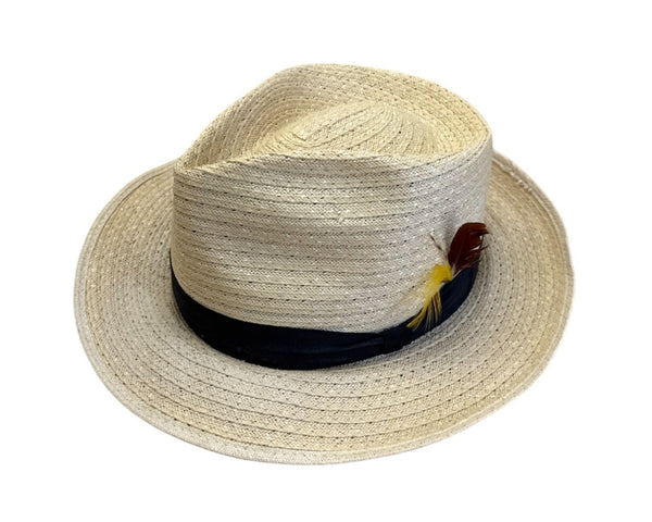 Vintage Park Plaza Straw Fedora Hat W/ Black Band & Feather Accent Size 6 7/8