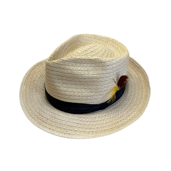 Vintage Park Plaza Straw Fedora Hat W/ Black Band & Feather Accent Size 6 7/8